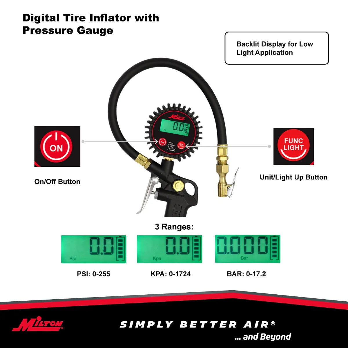 Digital Tire Inflator w/Accurate Tire Pressure Gauge, 0-250 PSI, 14” Air Hose, Brass Lock-On Clip Air Chuck & Compressor Accessories