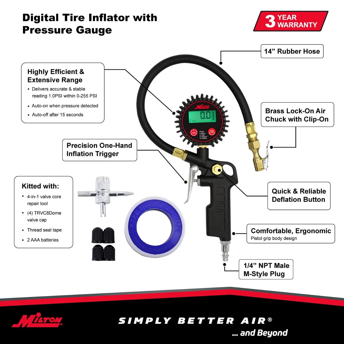 Digital Tire Inflator w/Accurate Tire Pressure Gauge, 0-250 PSI, 14” Air Hose, Brass Lock-On Clip Air Chuck & Compressor Accessories