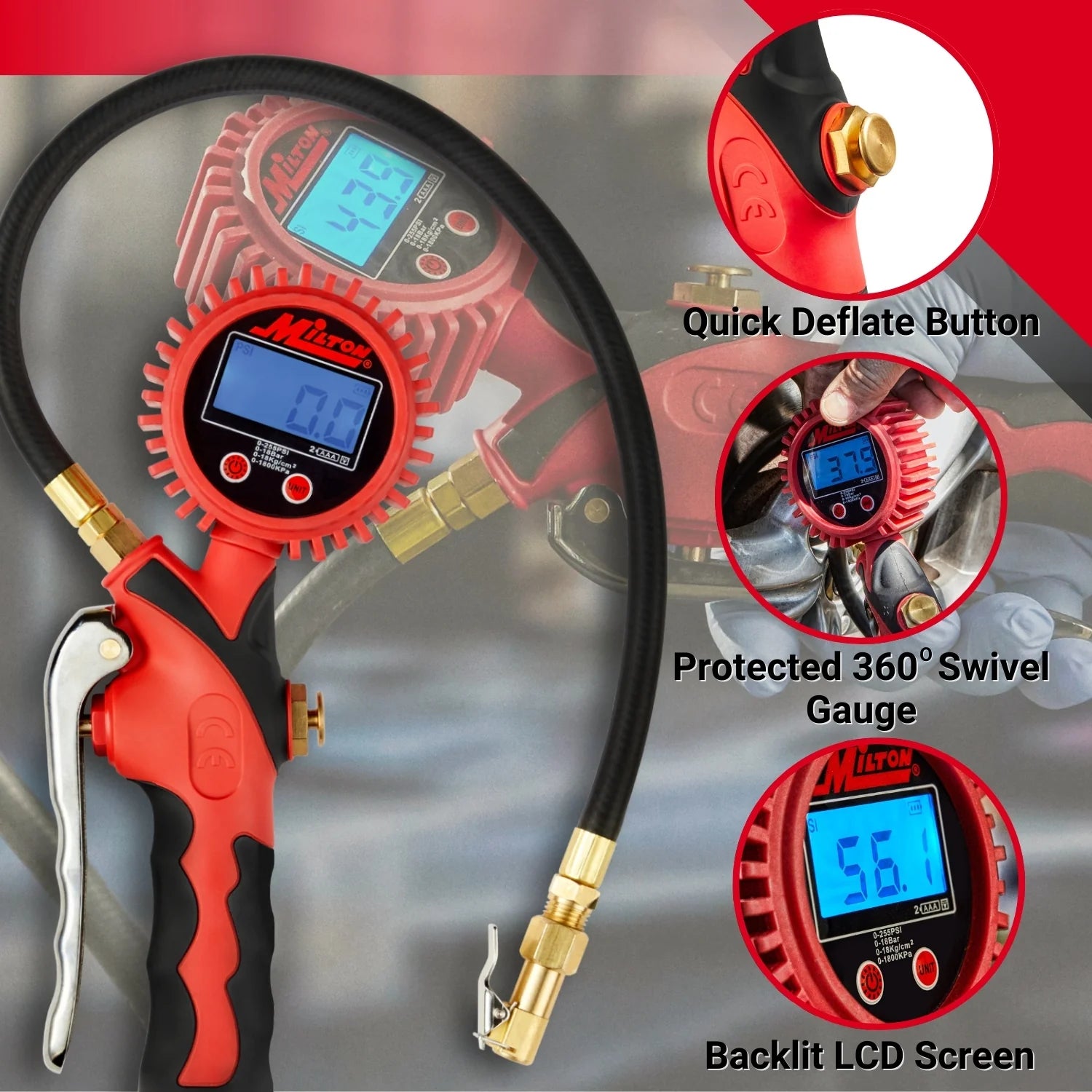 Heavy-Duty Digital Tire Inflator and Air Pressure Gauge, Clip-on Chuck, 1/4