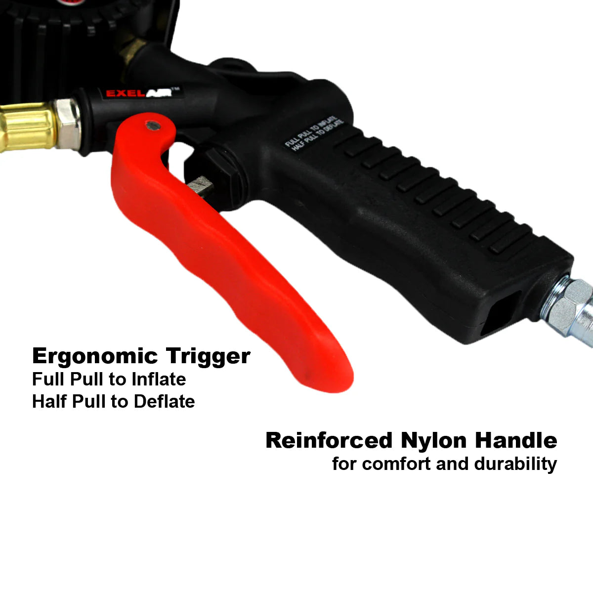 EXELAIR Analog Pistol Grip Tire Inflator/Deflator Gauge, 16” Air Hose and Easy-Clip Chuck