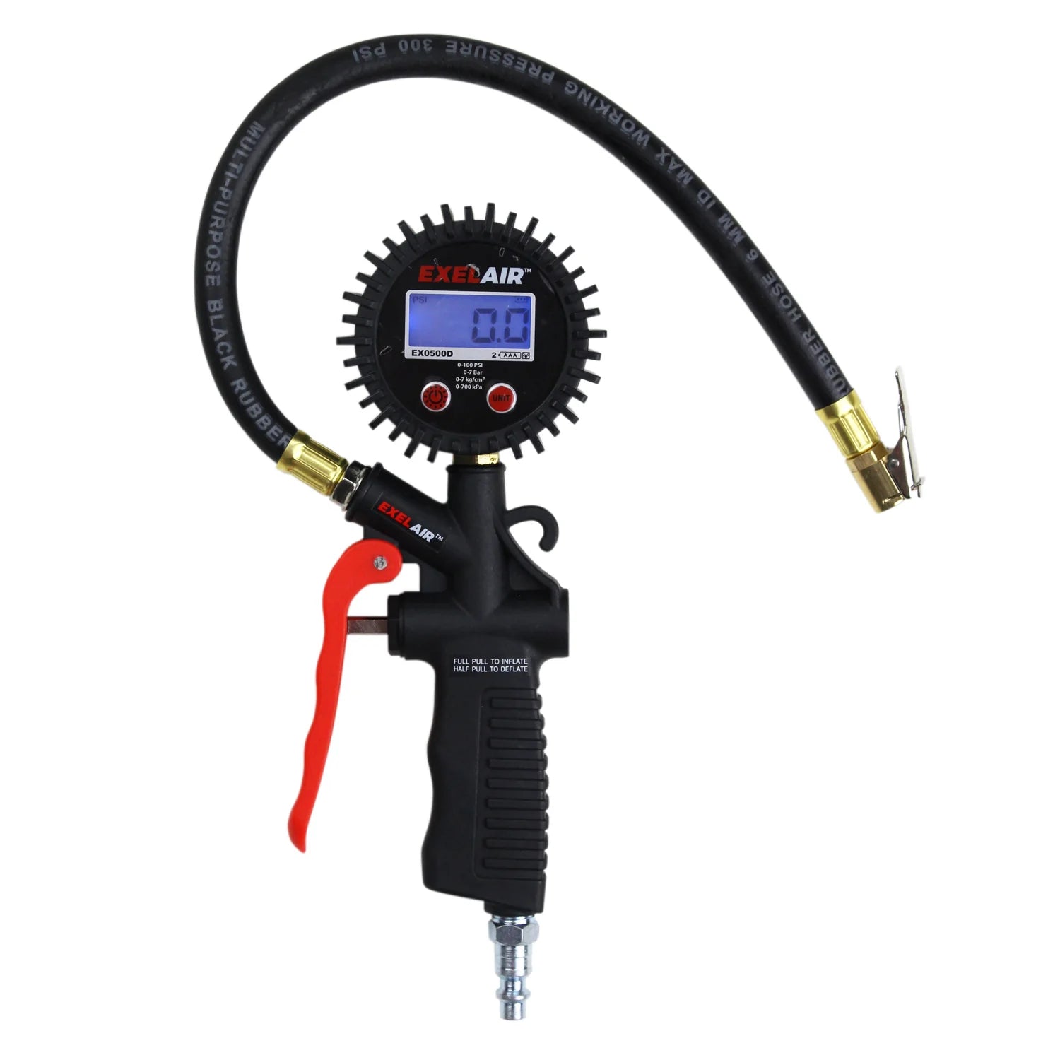 EXELAIR Analog Pistol Grip Tire Inflator/Deflator Gauge, 16” Air Hose and Easy-Clip Chuck