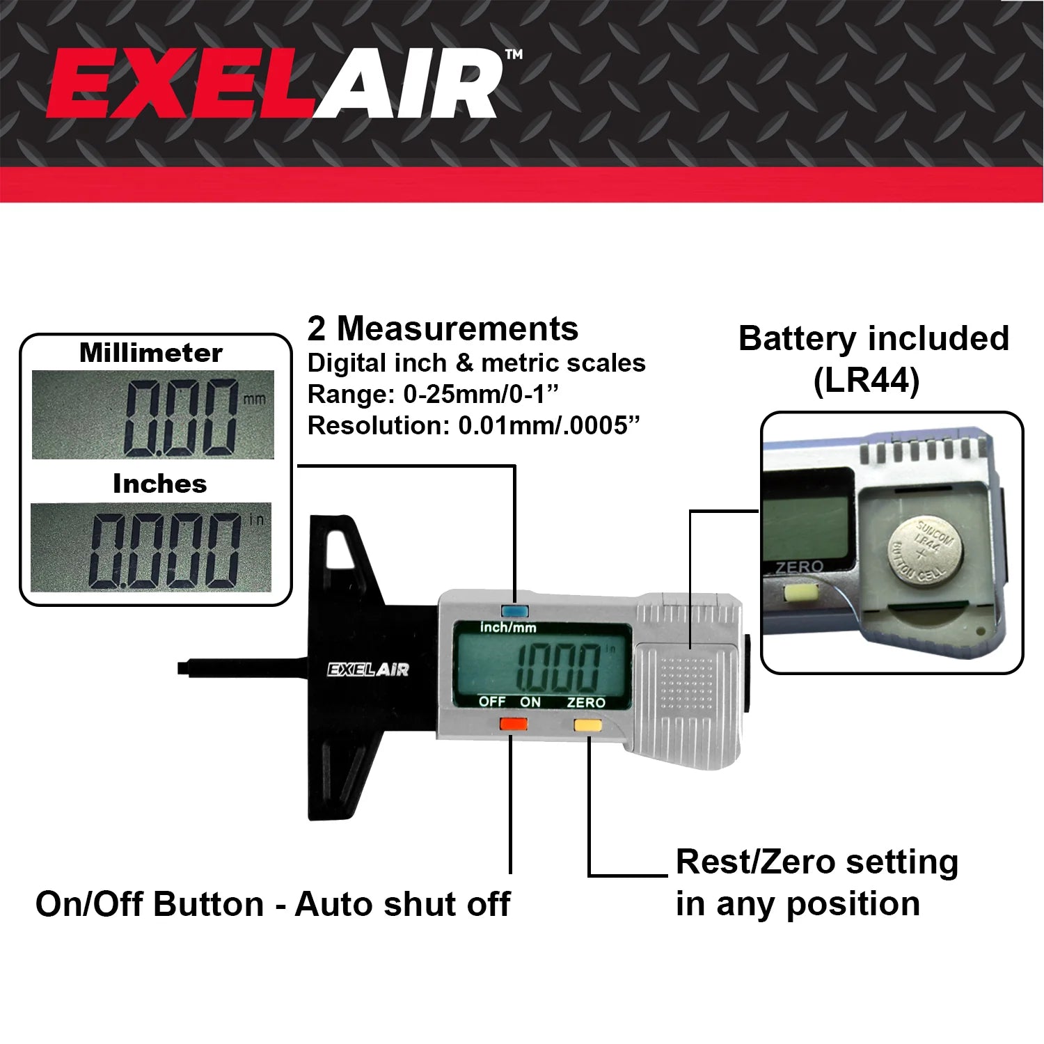 EXELAIR Digital Tire Tread Depth Gauge (0 to 1” Range)