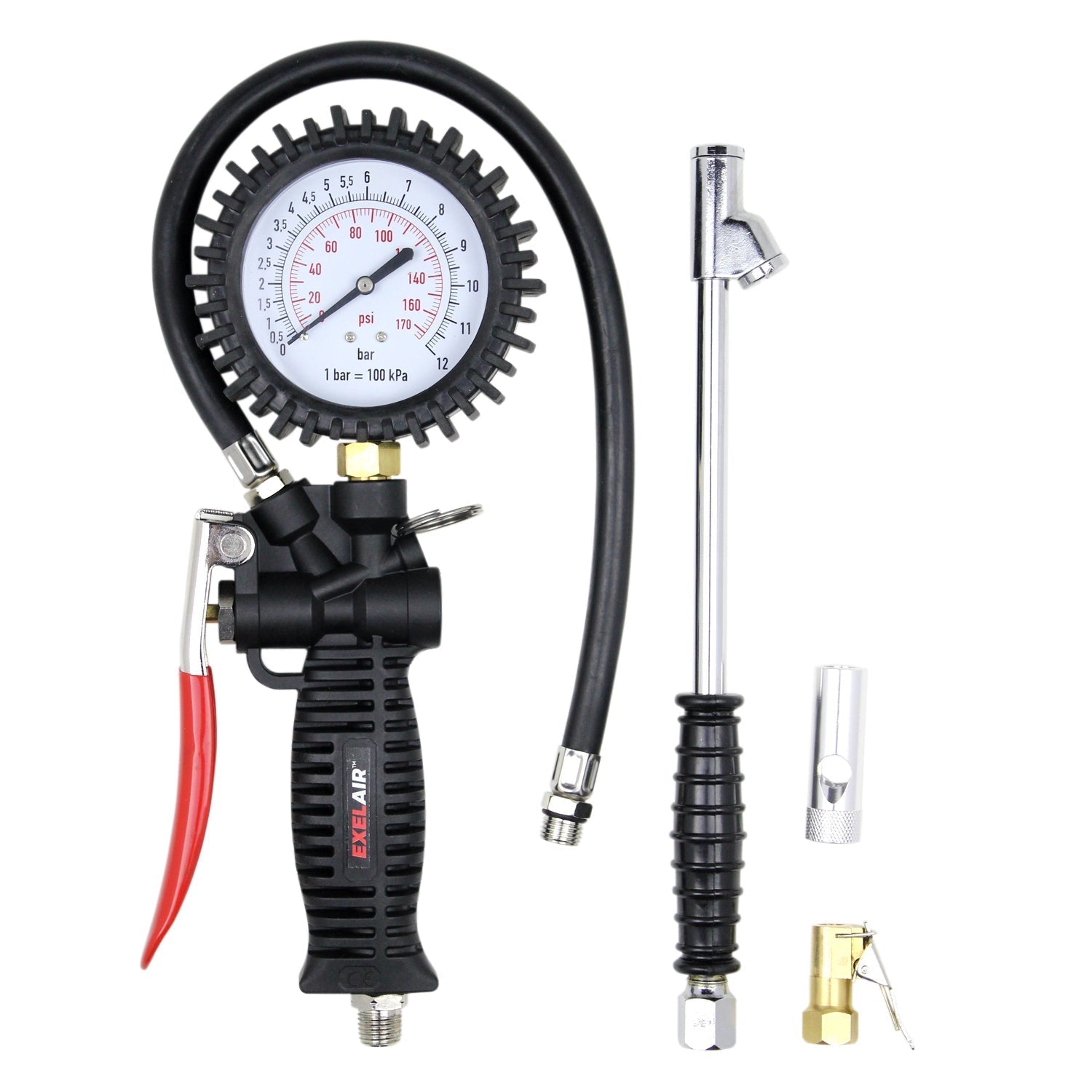 EXELAIR® 3-in-1 Pro Analog Pistol Grip Tire Inflator/Deflator Gauge Kit, 16