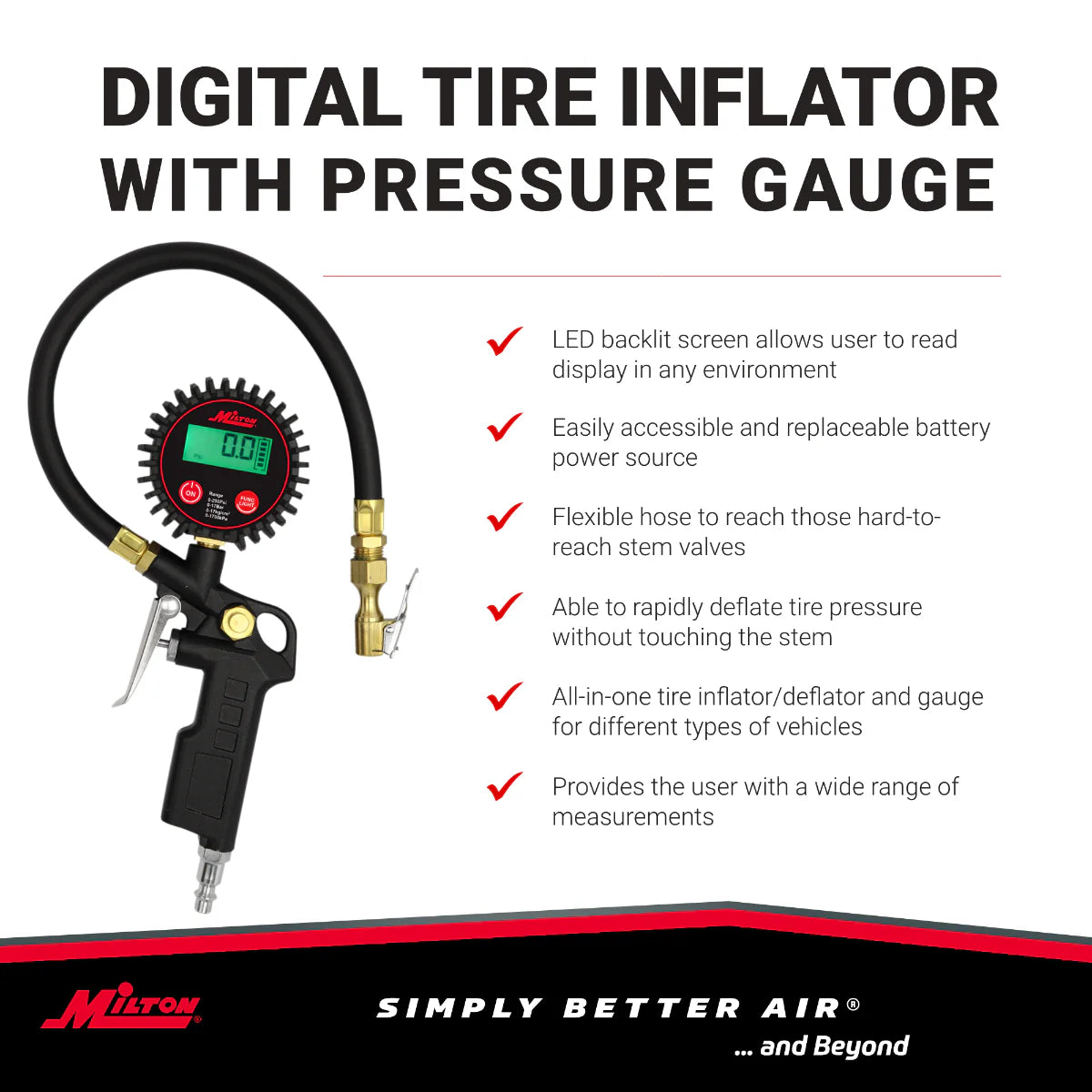 Digital Tire Inflator w/Accurate Tire Pressure Gauge, 0-250 PSI, 14” Air Hose, Brass Lock-On Clip Air Chuck & Compressor Accessories