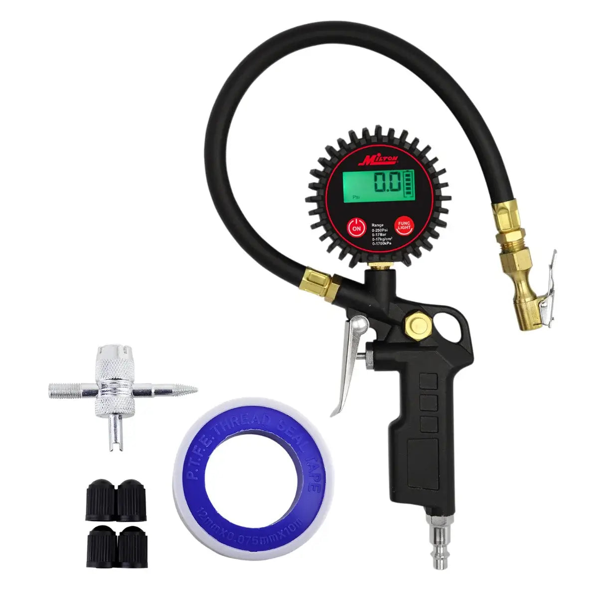 Digital Tire Inflator w/Accurate Tire Pressure Gauge, 0-250 PSI, 14” Air Hose, Brass Lock-On Clip Air Chuck & Compressor Accessories