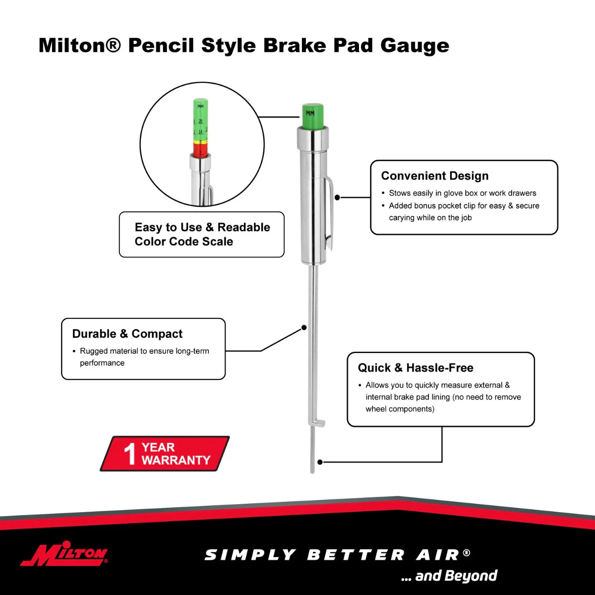 Pencil-Style Brake Pad Gauge, Easy to Read Color Coded, 0 to 20mm ...