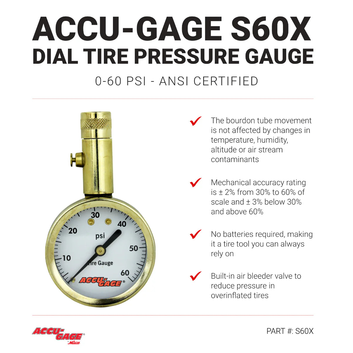 ACCU-GAGE by Milton Dial Tire Pressure Gauge with Straight Air Chuck - ANSI Certified for Motorcycle/Car/Truck Tires (0-60 PSI)