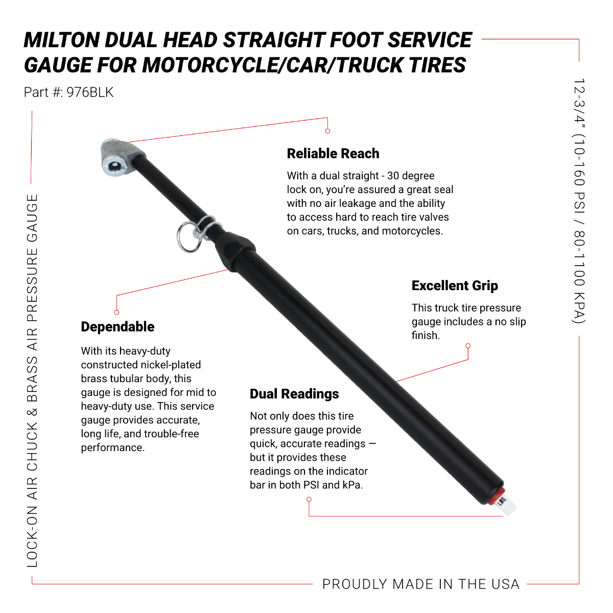 Dual Head Angled Chuck Service Gauge, Matte Black Poly Finish -13