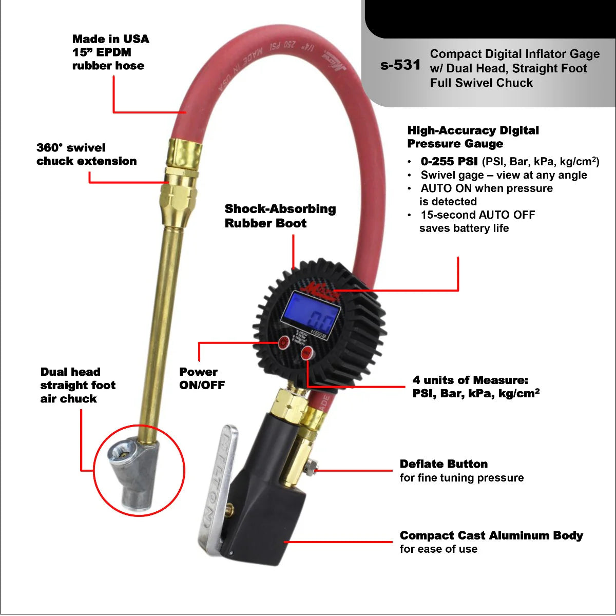 Compact Digital Tire Inflator with Pressure Gauge (255 PSI)