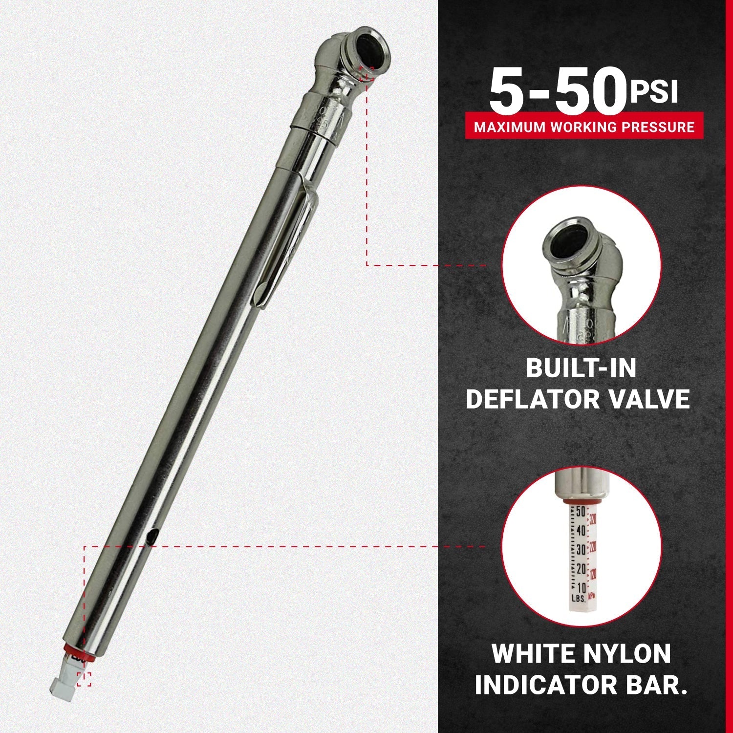 Air/Water-Filled Tire Pressure Gauge, 5-50 PSI Single Head Air Chuck (Box of 10)