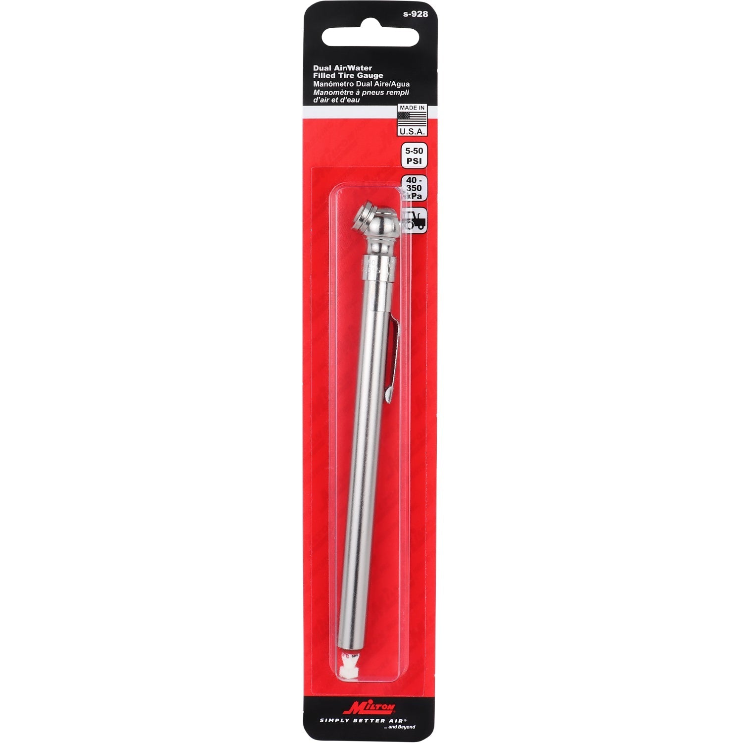 Air/Water-Filled Tire Pressure Gauge, 5-50 PSI Single Head Air Chuck (Box of 10)