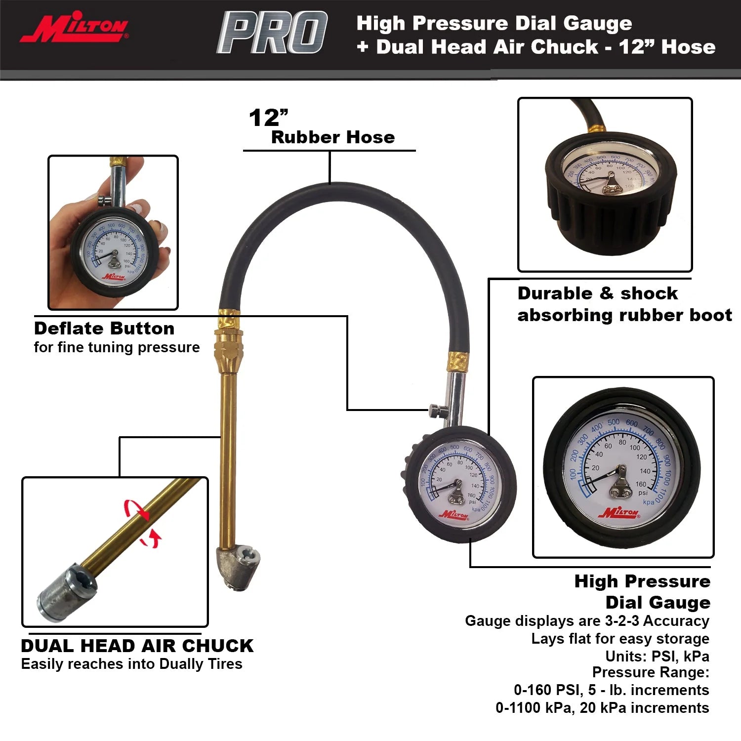 High Pressure Dial Tire Pressure Gauge - Dual Head Air Chuck, 12
