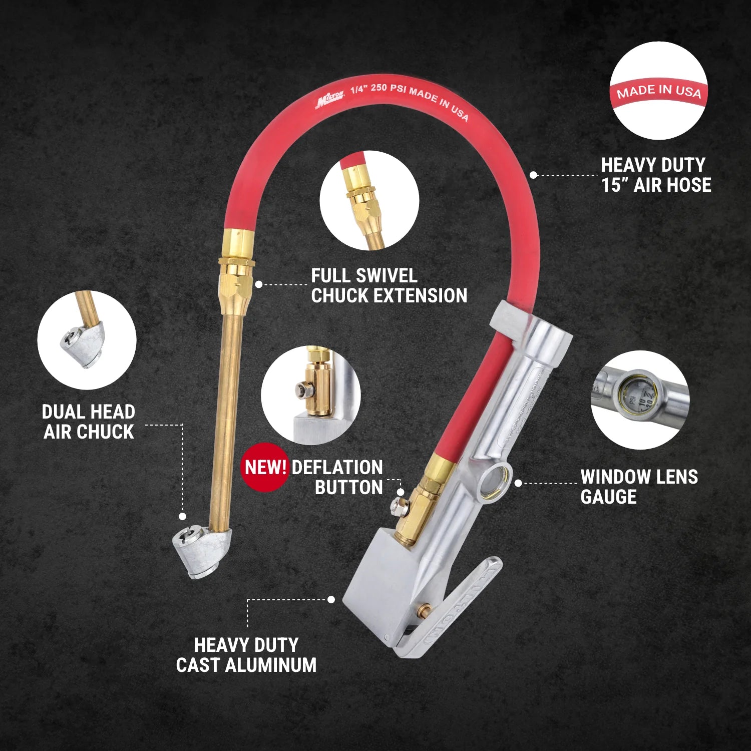 NEW & IMPROVED - Milton® Tire Inflator Gauge with Dual Head Air Chuck 15” Air Hose 10-160 PSI