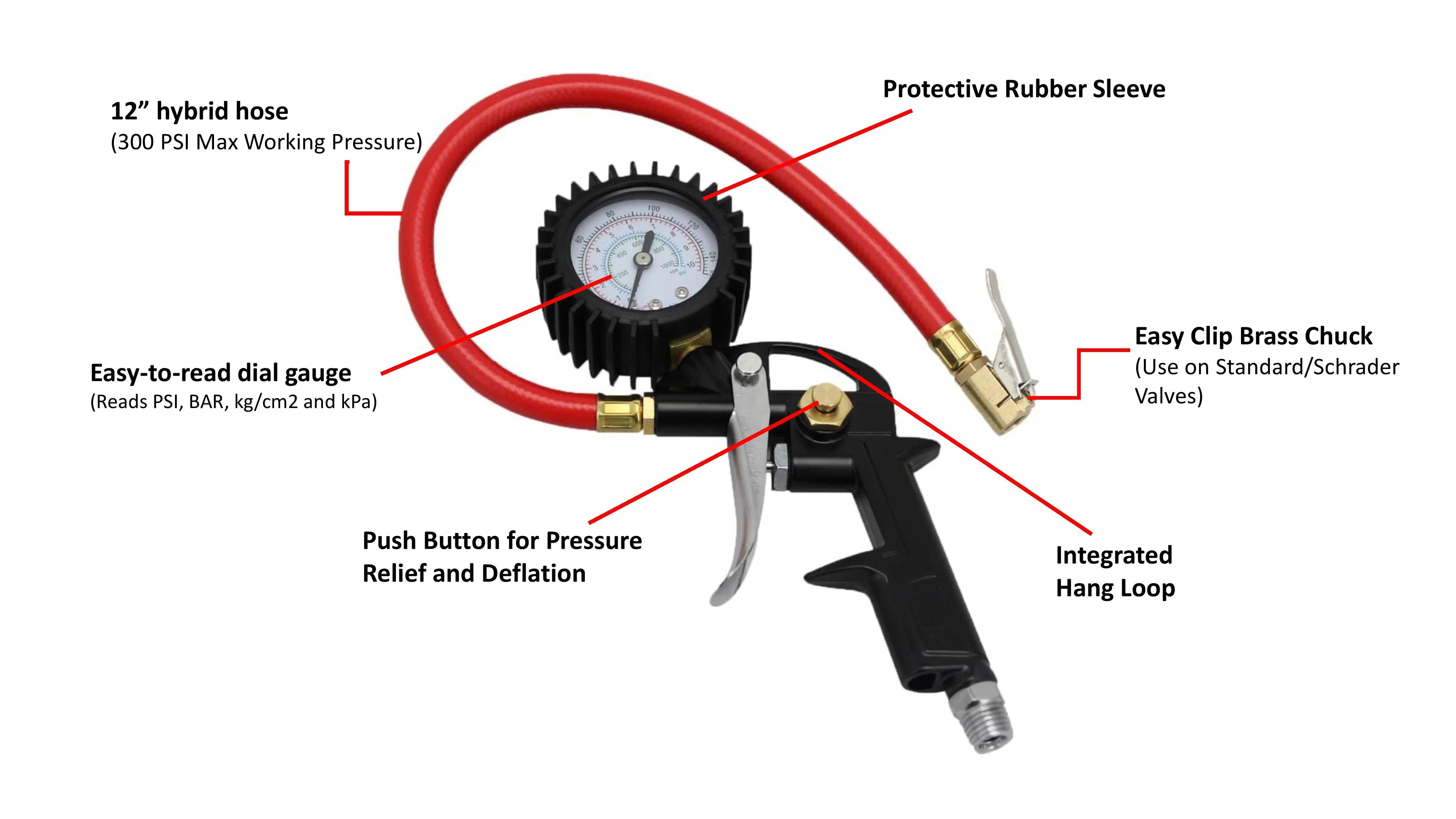 EXELAIR Analog Pistol Grip Tire Inflator/Deflator Gauge, 13” Air Hose and Easy-Clip Chuck